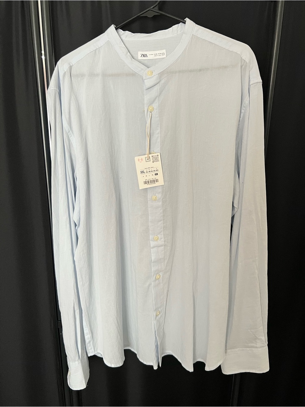 Zara Baby Blue Long-Sleeve Mandarin Collar Linen Shirt